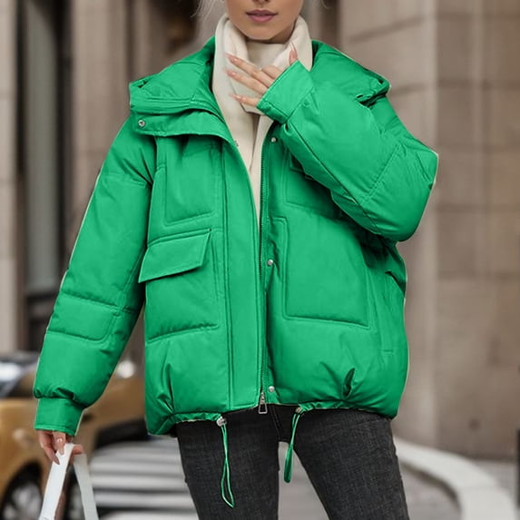 Aboser Plus Size Puffer Jacket Womens Puffy Stand Collar Outerwear with Hood Warm Full Zip Down Quilted Coat Solid Color Bubble Overcoats with Pockets
