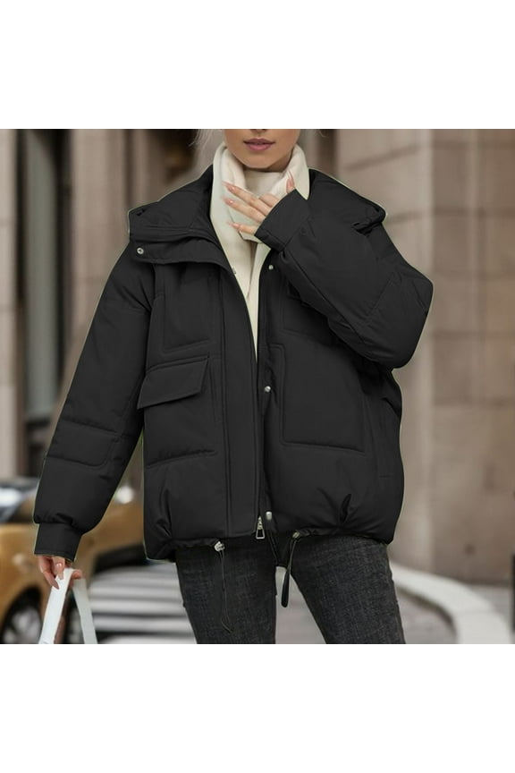 Plus Size Puffer Jacket Womens Puffy Stand Collar Outerwear with Hood Warm Full Zip Down Quilted Coat Solid Color Bubble Overcoats with Pockets