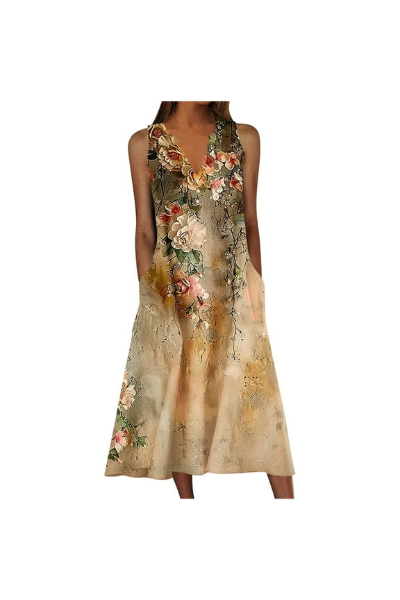 Plus Size Sleeveless Sundress for Women Retro Floral Printed Dresses Summer Casual Beach Dress Cute V Neck Maxi Dresses with Pockets