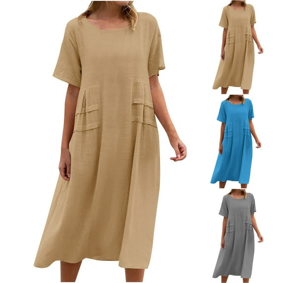 Aboser Plus Size Summer Dresses for Women Cotton Linen Beach Dress Flowy Round Neck Midi Dresses Solid Color Casual Tshirt Dress 2026
