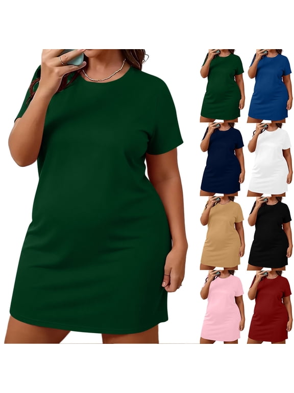 Plus Size T Shirt Dresses for Women Short Sleeve Mini Dress Loose Fit Plain Dresses Solid Round Neck Short Dress Summer Casual Dresses