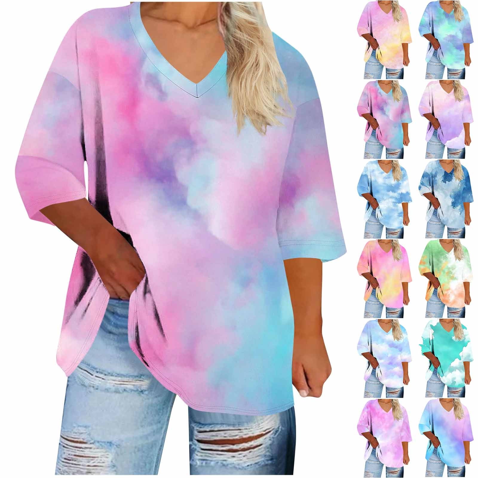 Aboser Plus Size T Shirts for Women 3/4 Sleeve Tie Dye Tops Oversized ...