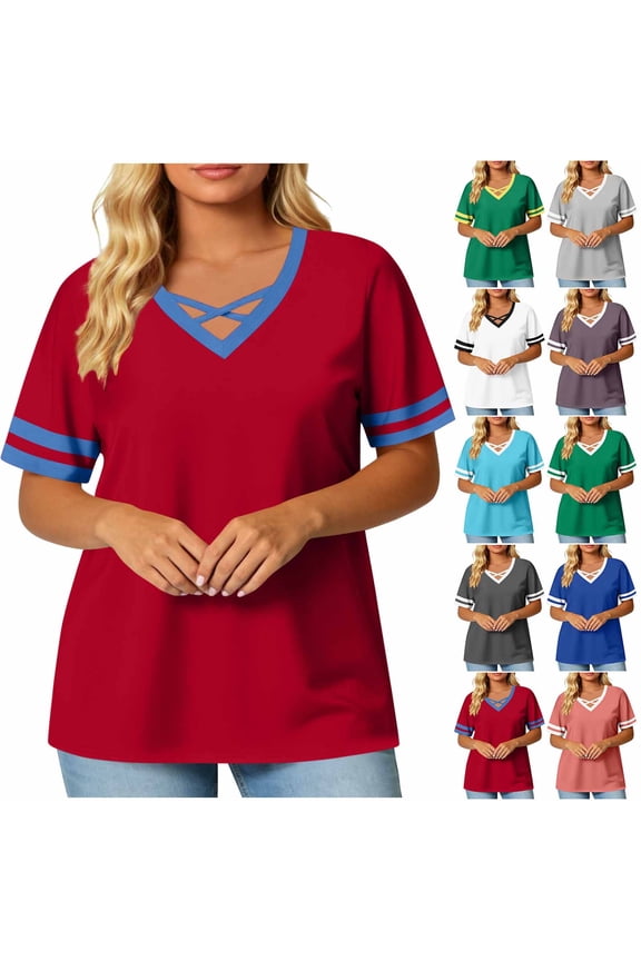 Plus Size T Shirts for Women Summer Short Sleeve Tops Trendy Contrast Color Tshirts Crossover V Neck Shirt Loose Casual Basic Tees