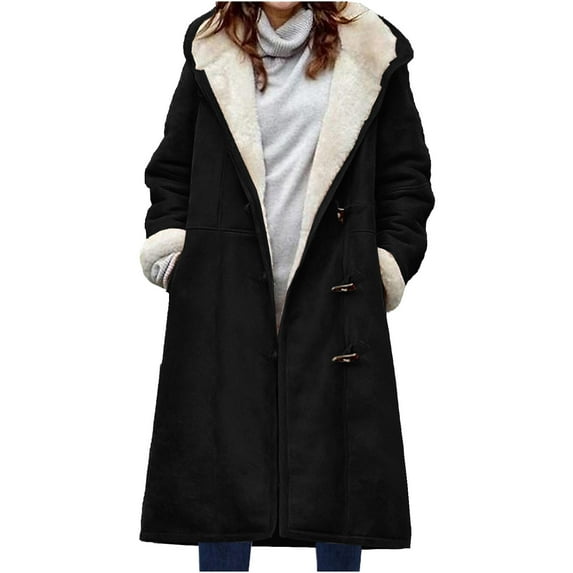 Aboser Plus Size Winter Coats for Women Warm Sherpa Fleece Lined Distressed Jackets Button Down Hooded Parka Faux Suede Pea Coat Outerwear