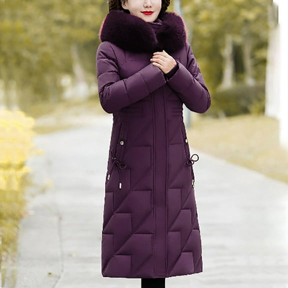 Aboser Plus Size Winter Coats for Women With Faux Fur Collar Long Jacket Trendy Diamond Quilted Coat Simple Full Zip Overcoats