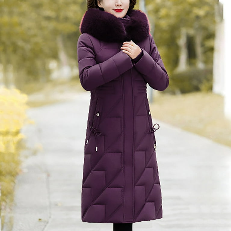 ジャケット・アウター THINK FUR Taffta reversible Long Coat Aboser Plus Size Winter Coats for Women With Faux Fur Collar