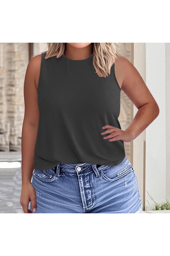 Plus Womens High Neck Tank Tops 2026 Summer Sleeveless T Shirts Plus Size Casual Plain Shirt Loose Fit Basic Tees Cozy Soft Pullover Tanks