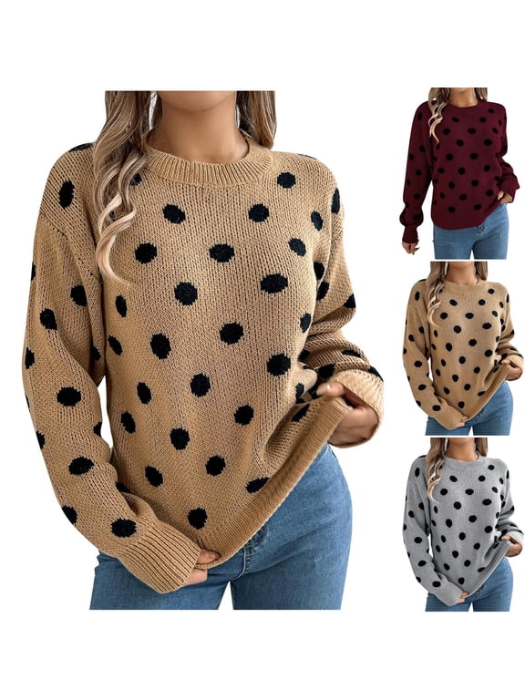Polka Dot Sweaters for Women Trendy Casual Crewneck Knitwear Cozy Soft Long Sleeve Tunic Sweater Loose Fit Fall Winter Pullover Blouses Khaki L