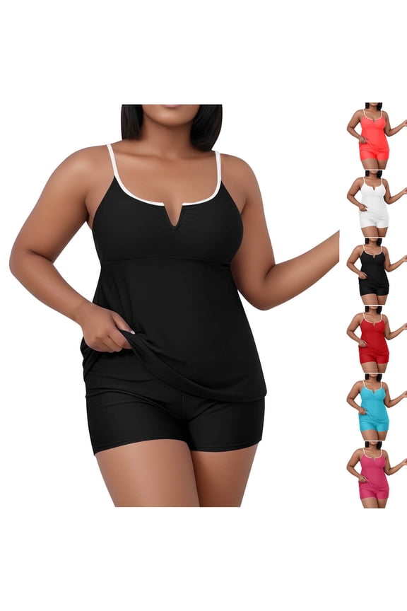 Push Up Tankini Bathing Suits for Women Plus Size Beach Swimsuits Flowy Swim Dress with Shorts Tankini Sets 2 Piece Tummy Control Beachwear Red XXXL