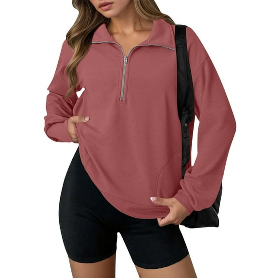 Aboser Quarter Zip Pullover Women Workout Gym Running Sweatshirts Moisture Wicking Sports Tops Loose Long Sleeve Pullovers Comfort Soft Lapel Sweatshirt Pink L