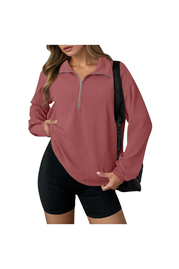 Quarter Zip Pullover Women Workout Gym Running Sweatshirts Moisture Wicking Sports Tops Loose Long Sleeve Pullovers Comfort Soft Lapel Sweatshirt Pink L