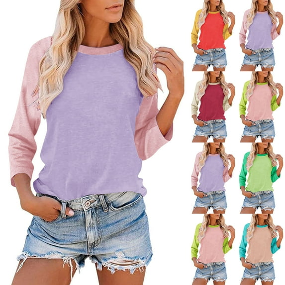 Aboser Raglan Shirts for Women 3/4 Sleeve Tops Cute Color Block Print T-Shirt Lightweight Crew Neck Pullovers Loose Fit Basic Tees Fall Blouses