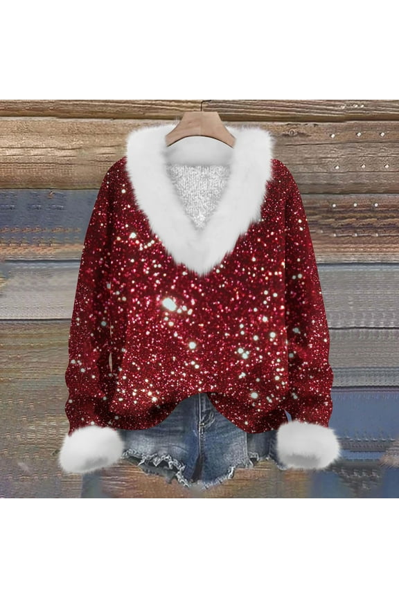 Red Christmas Sweaters for Women Plus Size Fuzzy Trim Shirts Vacation Party Tops Trendy Sequin Printed Sweater Loose V Neck Pullover Shirt Casual Long Sleeve Holiday Knitwear