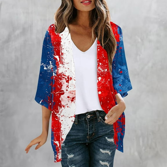 Aboser Red White and Blue Kimonos for Women Lightweight Chiffon Cardigan Tops American Flag USA Kimono Cardigans Plus Size Beach Cover Ups Multicolor L