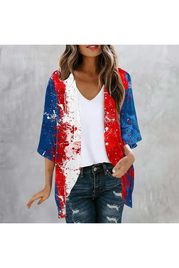 Red White and Blue Kimonos for Women Lightweight Chiffon Cardigan Tops American Flag USA Kimono Cardigans Plus Size Beach Cover Ups Multicolor XL