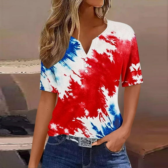 Aboser Red White and Blue Shirts Women Summer Short Sleeve Tops Funny Tie Dye USA Shirt Loose V Neck Henley Shirts Memorial Veterans Day Clothes