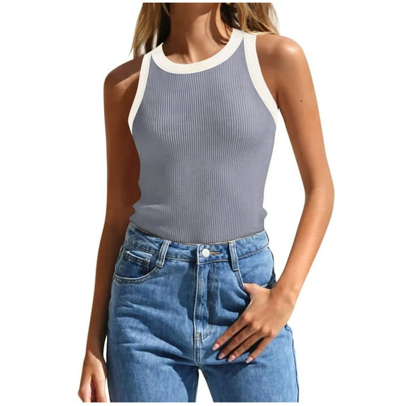 Aboser Ribbed Crop Tank Top for Women Knitted Sleeveless T Shirt Trendy Color Block Tanks Athletic Workout Shirts Slim Fit Crewneck Tee Tops