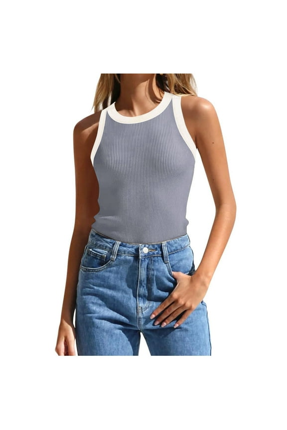Ribbed Crop Tank Top for Women Knitted Sleeveless T Shirt Trendy Color Block Tanks Athletic Workout Shirts Slim Fit Crewneck Tee Tops