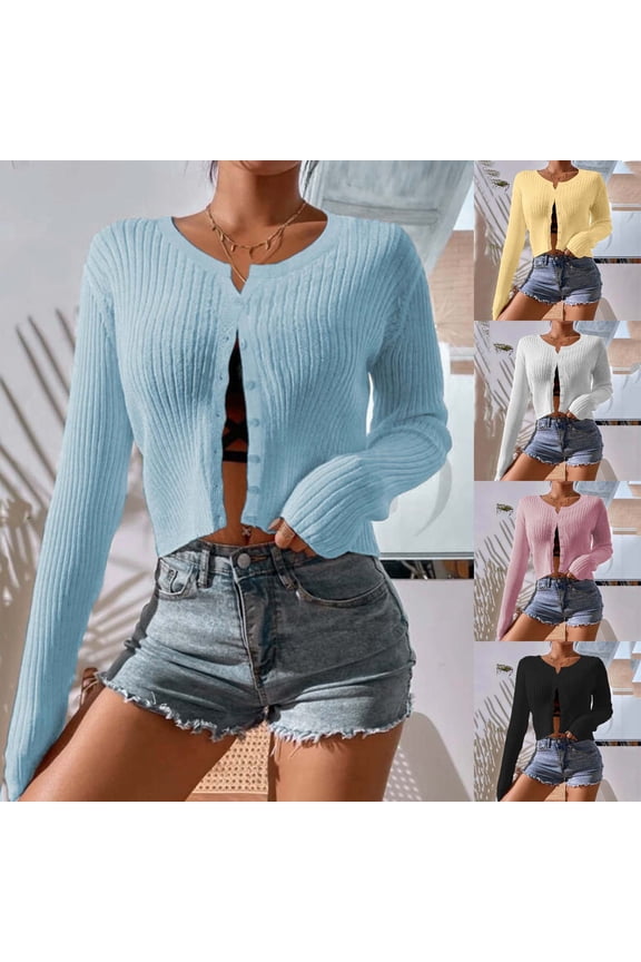 Ribbed Knit Cardigan Sweaters for Women Button Down Cropped Sweaters Slimming Long Sleeve Knitwear Cozy Soft Shrug Cardigans