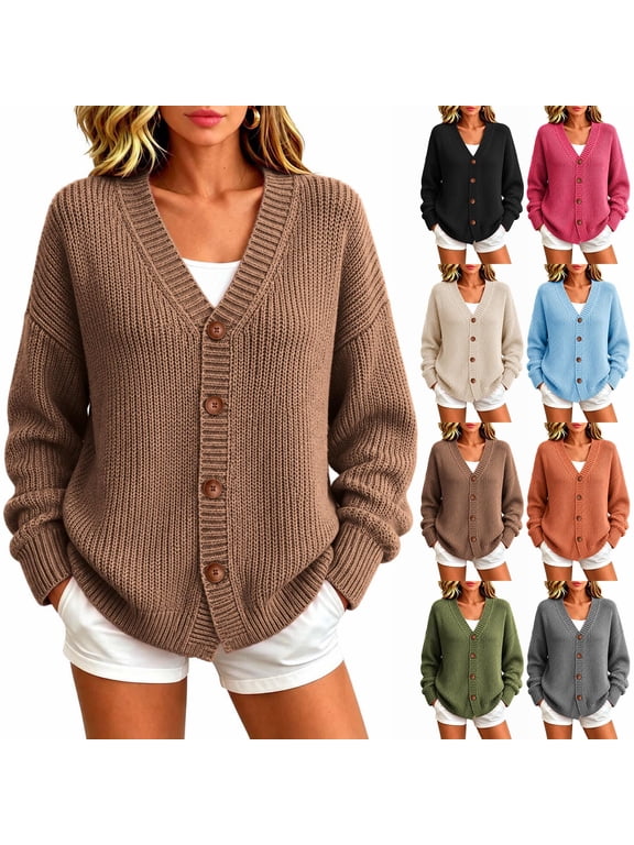 Ribbed Knit Cardigan Sweaters for Women Plus Size Button Down Cardigans Warm Casual V Neck Sweater Coat Loose Long Sleeve Knitwear