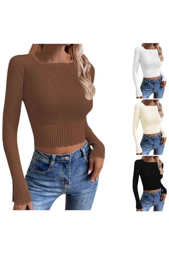 Ribbed Knit Crop Sweaters for Women Basic Shirts Stretchy Long Sleeve Pullover Tops Lightweight Breathable Square Neck Sweater Classic Slim Fit Knitwear White S