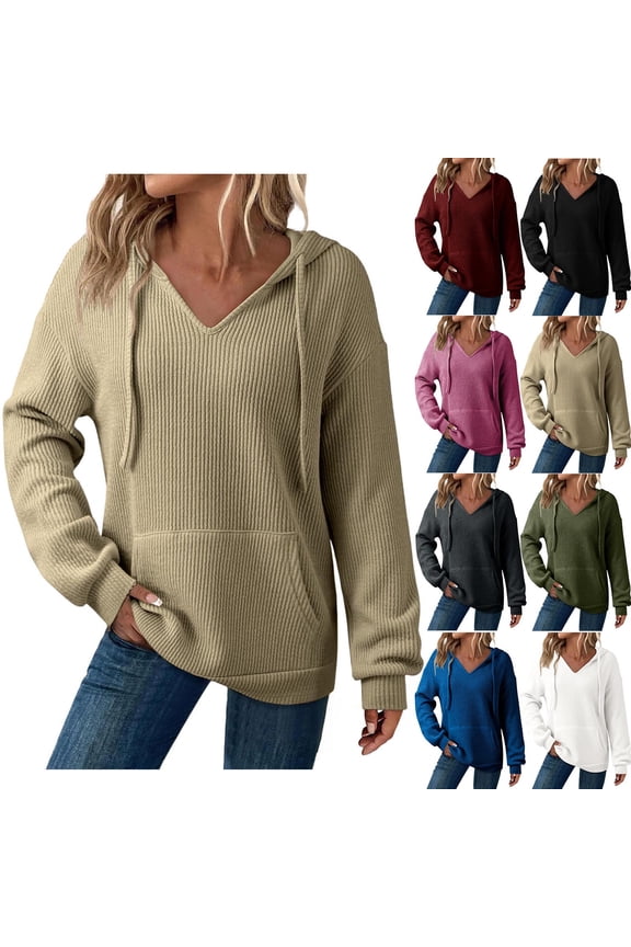 Ribbed Knit Hoodies for Women Trendy V Neck Hooded Sweatshirts Y2k Tops Loose Long Sleeve Pullover Casual Drop Shoulder Hoodie Sweatshirt with Pocket White L