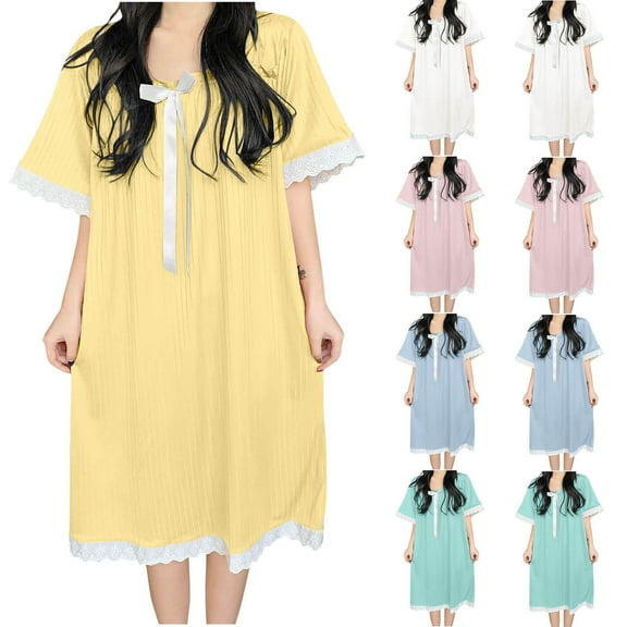 Aboser Ribbed Knit Nightdress for Women Oversized Short Sleeve Nightgown Cute V Neck Long Pajama Dress Comfy Knee Length Sleepwear Loungewear