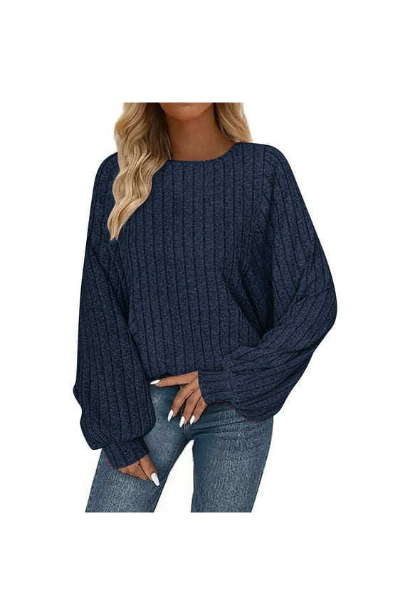 Ribbed Knit Sweater Shirts for Women Long Sleeve Sweaters Oversized Crewneck Pullover Knitwear Comfy Soft Loose Fitted Shirt Blouse Navy S