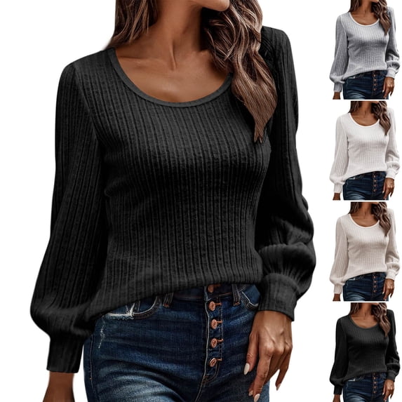 Aboser Ribbed Knit Sweaters for Women Dressy Casual Scoop Neck Pullover Shirts Lantern Long Sleeve Sweater Lightweight Cozy Knitwear Warm Clothes Beige L