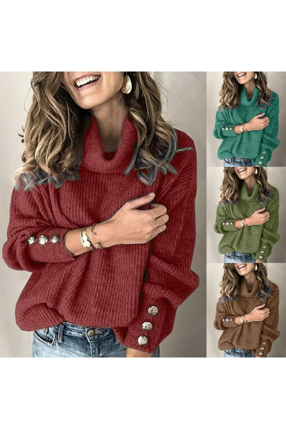 Ribbed Knit Sweaters for Women Turtleneck Jumper Tops Trendy Button Decor Sweater Comfy Soft Fall Winter Blouses Loose Fit Knitwear Wine M