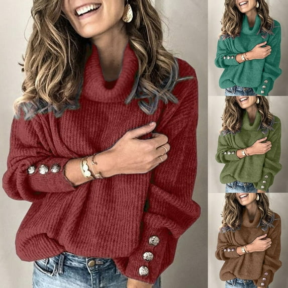 Aboser Ribbed Knit Sweaters for Women Turtleneck Jumper Tops Trendy Button Decor Sweater Comfy Soft Fall Winter Blouses Loose Fit Knitwear Wine XL