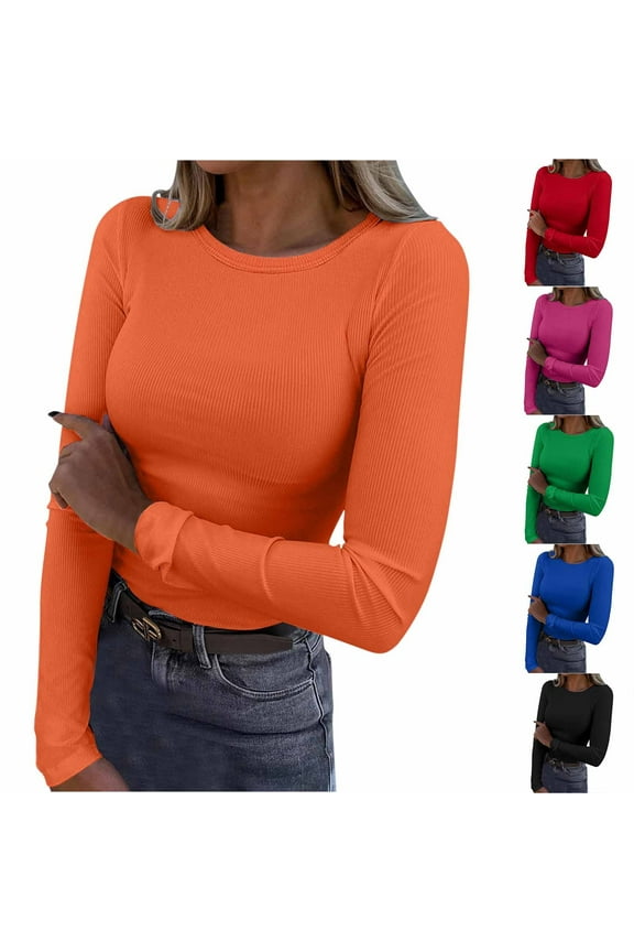 Ribbed Knit Tops for Women Y2k Clothes Stretchy Long Sleeve Basic Tees Slim Fit Crewneck Undershirts Casual Solid Color Tee Shirts Black S