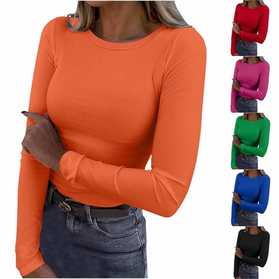 Aboser Ribbed Knit Tops for Women Y2k Clothes Stretchy Long Sleeve Basic Tees Slim Fit Crewneck Undershirts Casual Solid Color Tee Shirts Green XXL