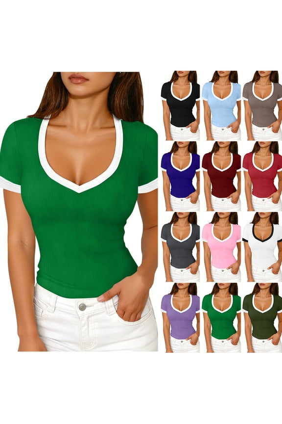 Ribbed Knit Tops for Women Y2k Shirt Trendy Short Sleeve Basic Tees Slim Fit Layering Top Deep V Neck T Shirts Casual Stretchy Going Out Tops