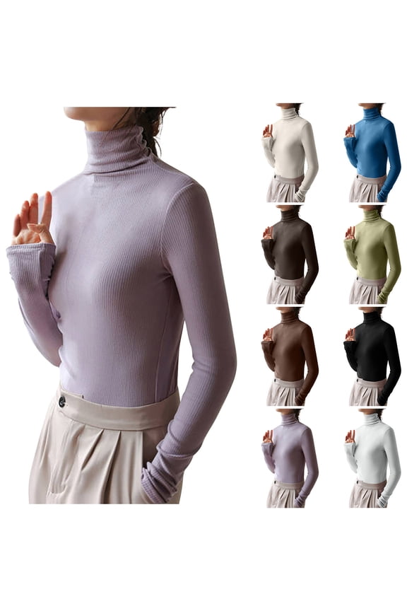 Ribbed Long Sleeve Shirt Women Thermal Fleece Shirt Slim Fit Turtleneck Tops Casual Soft Basic Tees Solid Color Comfy Layering Top