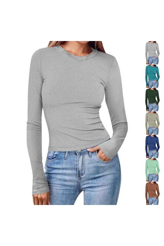 Ribbed Shirts for Women Knit Long Sleeve Tops Fall Fitted Basic Tees Slimming Crew Neck T Shirt Comfy Soft Tee Top Casual Crew Neck Tshirts Army Green M