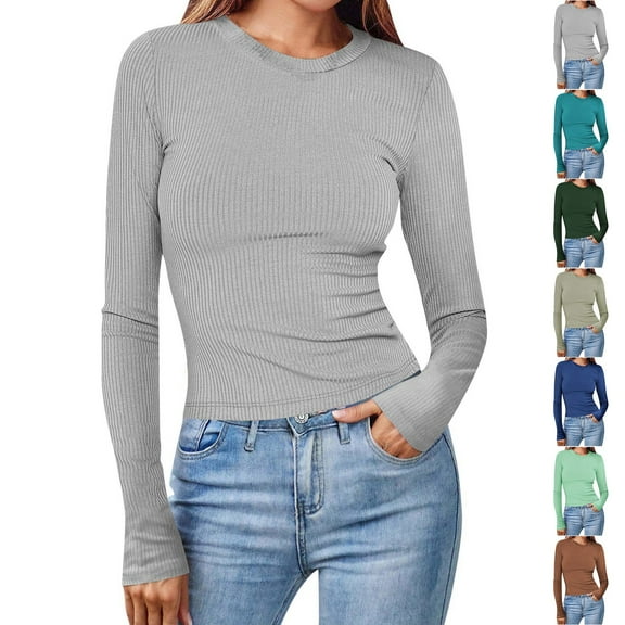 Aboser Ribbed Shirts for Women Knit Long Sleeve Tops Fall Fitted Basic Tees Slimming Crew Neck T Shirt Comfy Soft Tee Top Casual Crew Neck Tshirts Mint Green XXL