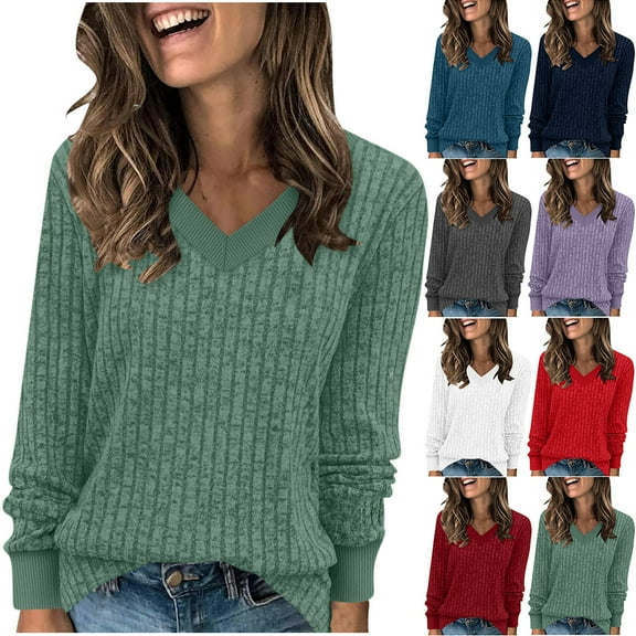 Aboser Ribbed Tunic Sweaters for Women Cozy V Neck Pullover Tunics Lightweight Long Sleeve Jumper Sweater Soft Casual Shirts Loose Fitted Knitwear
