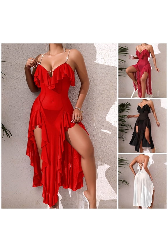 Ruffles Sheer Lingeries for Women Trendy Spaghetti Strap Sleep Dress See Through Bodycon Slip Dresses Summer Sleeveless Nightgowns