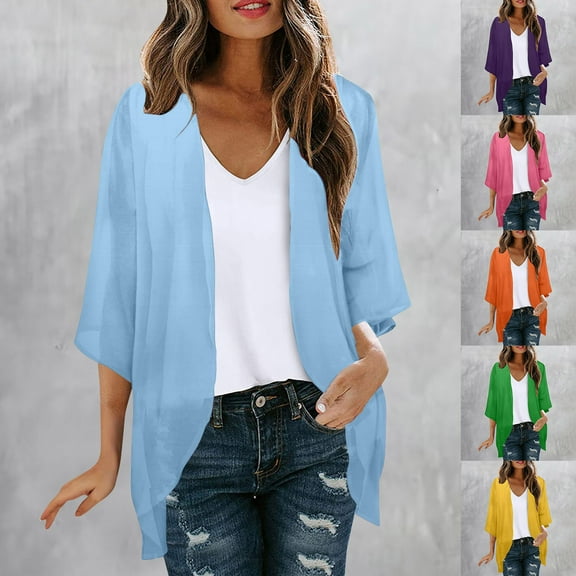 Aboser Sheer Kimono Cardigans for Women Lightweight 3/4 Length Sleeve Cardigan Cozy Soft Chiffon Kimonos Loose Open Front Dusters