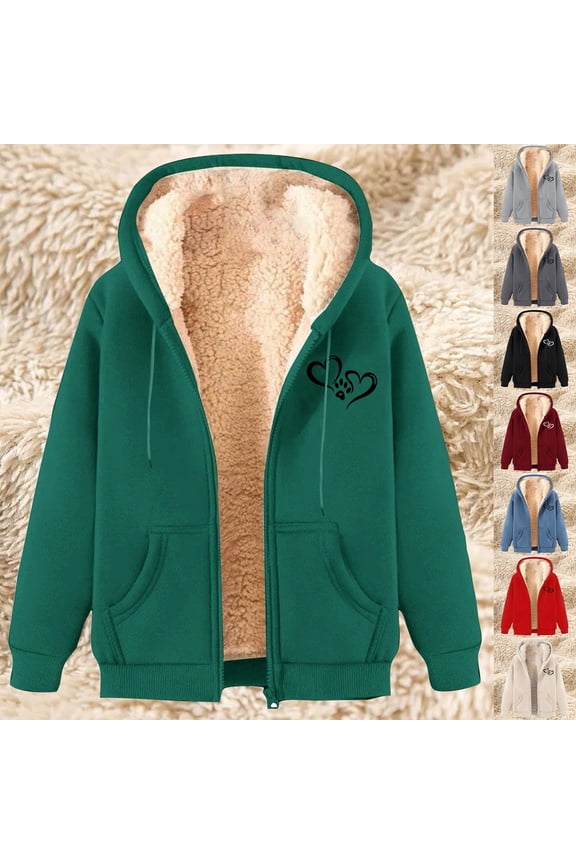 Sherpa Lined Fleece Jacket Women Zip Up Hoodie Sweatshirt Cute Heart Printed Jackets Warm Winter Coats Long Sleeve Plush Outerwear with Pockets