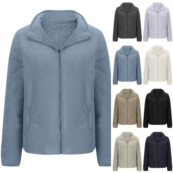 Aboser Sherpa Lined Jacket Women Thermal Casual Fleece Coats Plus Size Zip Up Jackets Stand Collar Windproof Outwear Coat Winter Long Sleeve Jackets with Pockets