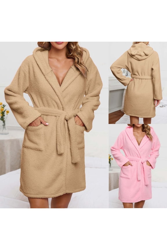 Short Robes for Women Fuzzy Plush Towel Robe Winter Warm Hooded Bathrobes Belted Long Sleeve Loungewear Soft Cozy Bath Robes with Pockets Pink S