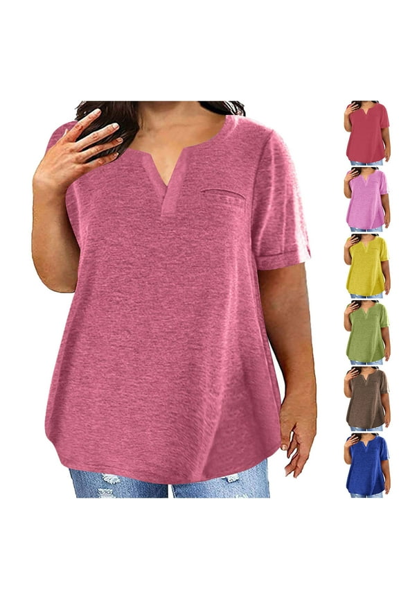 Short Sleeve Tops for Women Fitted Plus Size T Shirts Casual Loose Plain Shirt Cozy Notch V Neck Tunic Top Lightweight Moisture Wicking Pullover Tees