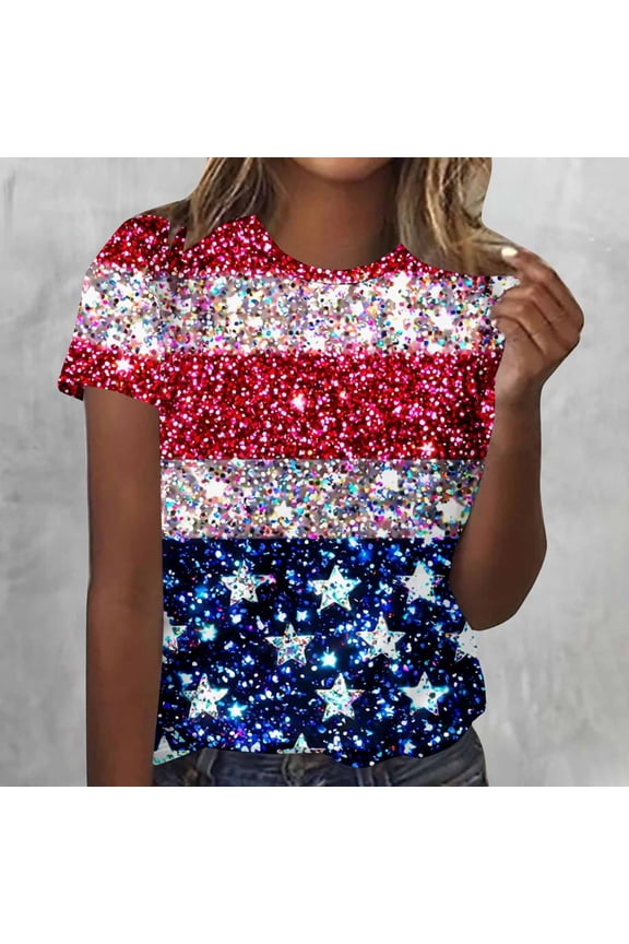 Short Sleeve Tops for Women Crewneck Patriotic Holiday T Shirts Plus Size Casual Memorial Day Tshirts USA Stars and Stripes Graphic Tees 2026