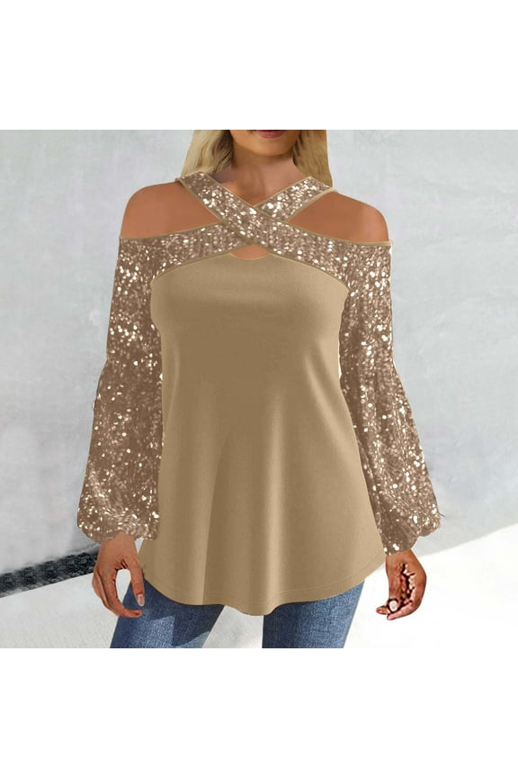 Off the Shoulder Blouses for Women Sparkly Sequin Tops Cocktail Party Night Shirts Dressy Shiny Long Sleeve Blouse Trendy Criss Cross Tunic Tops Khaki S