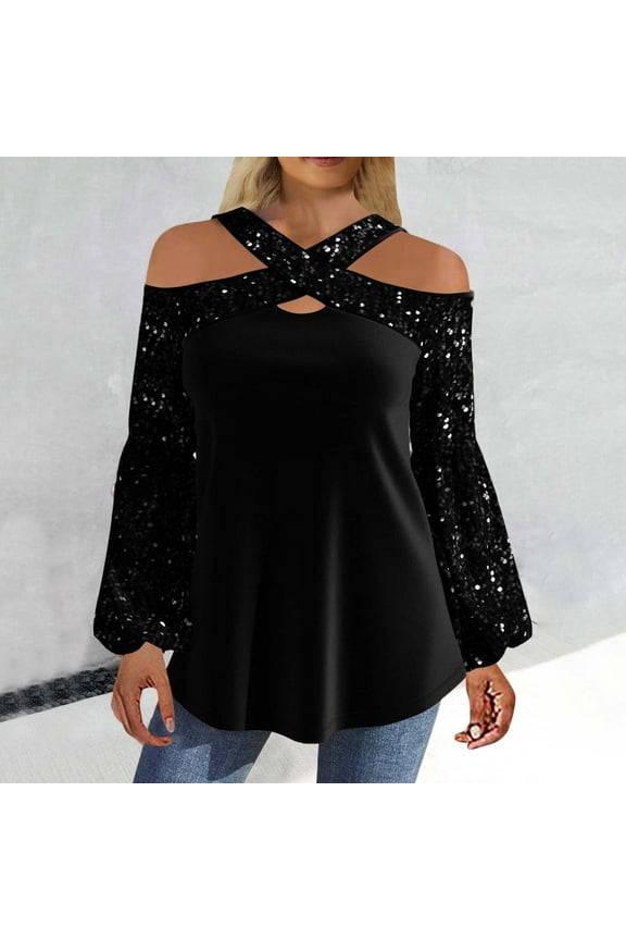 Off the Shoulder Blouses for Women Sparkly Sequin Tops Cocktail Party Night Shirts Dressy Shiny Long Sleeve Blouse Trendy Criss Cross Tunic Tops