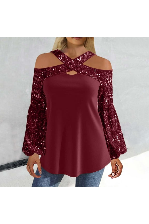 Off the Shoulder Blouses for Women Sparkly Sequin Tops Cocktail Party Night Shirts Dressy Shiny Long Sleeve Blouse Trendy Criss Cross Tunic Tops