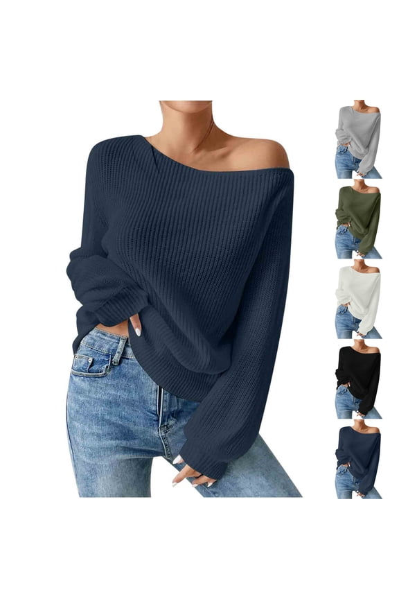 Off the Shoulder Sweaters for Women Cozy Cable Knit Jumper Sweater Trendy Long Lantern Sleeve Pullover Tops Loose Fits Fall Winter Knitwear Black L
