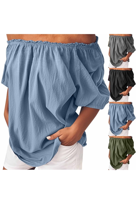 Off the Shoulder Tops for Women Plus Size Half Sleeve Blouses Cozy Cotton Linen Shirts Loose Fit Casual Tshirts Solid Color Summer Beach Clothes Black XXL